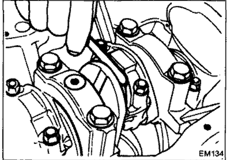 Measuring connecting rod side clearance (big end play) using a feeler gauge between the connecting rod and crankshaft journal.