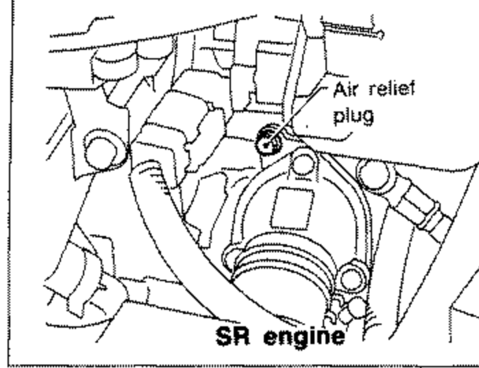 Engine bay view of the SR engine showing the location of the air relief plug, with a leader line pointing to the plug.