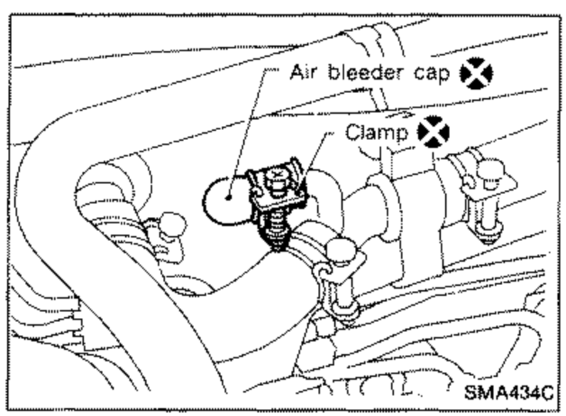 Engine bay view showing the air bleeder cap and a clamp, both marked with an X symbol, with leader lines labeling 'Air bleeder cap' and 'Clamp'.