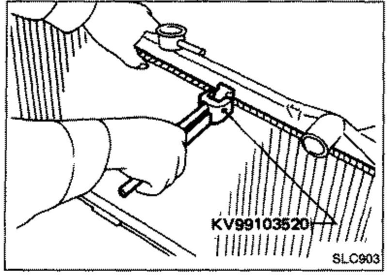 Illustration of removing the radiator tank using Tool KV99103520. Hands position the plate pliers tool on the crimped edge of the core/tank.