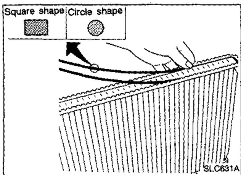 Illustration of pushing the sealing rubber into place on the radiator core by hand. An inset at top left shows the two sealing rubber shapes side by side: 'Square shape' and 'Circle shape'.
