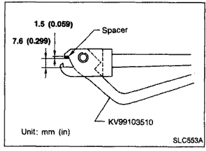 Dimensioned illustration of attaching a 1.5 mm (0.059 in) thick spacer to the tip of Tool KV99103510. Dimensions shown: 1.5 (0.059) for spacer thickness and 7.6 (0.299) for another tool dimension. Units: mm (in). Labels: 'Spacer', 'KV99103510'.