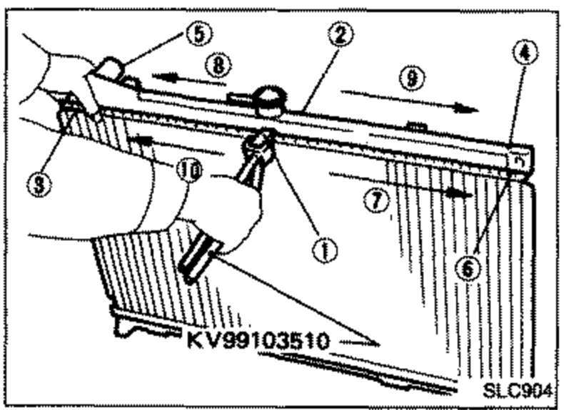 Illustration of caulking the radiator tank in the specified sequence using Tool KV99103510. Numbered crimping positions 1 through 10 are marked around the tank rim indicating the order of caulking.
