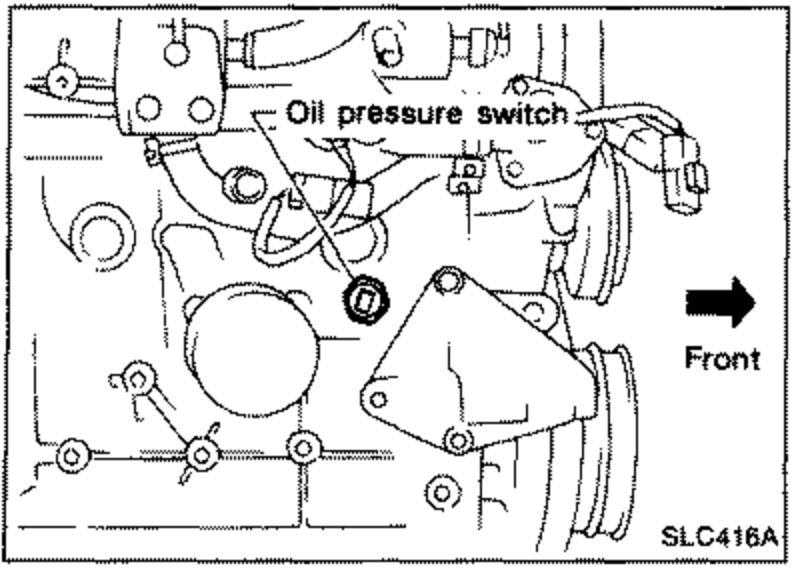 Engine view showing the location of the oil pressure switch with a leader line, and a solid arrow indicating the 'Front' direction.