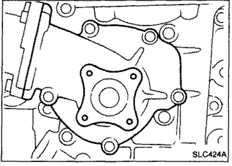 Illustration of the front of the engine showing the water pump pulley and mounting bolt locations for water pump removal.