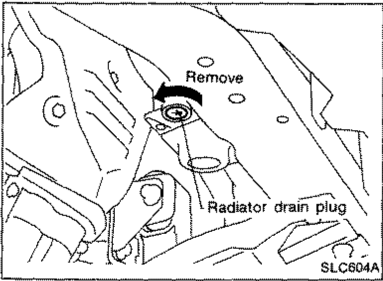 Engine area showing the radiator drain plug location, with an arrow indicating to remove it to drain coolant.