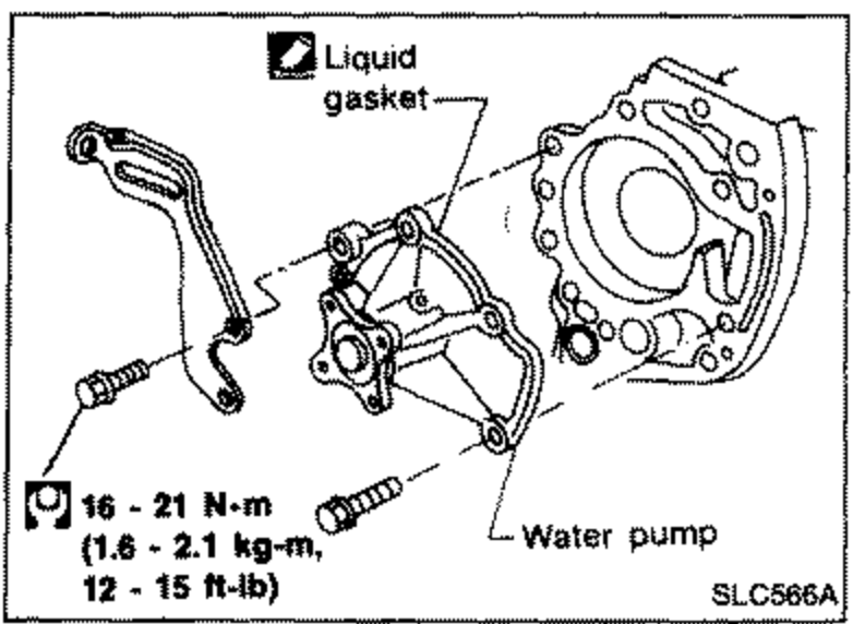 Exploded view of water pump with liquid gasket application area and water pump mounting bolt torque callout.