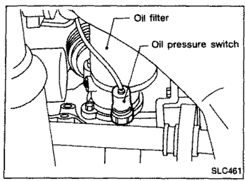 Engine view showing the oil filter (upper) and oil pressure switch locations, with leader lines labeling each.