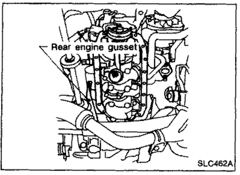 Engine view with leader line pointing to 'Rear engine gusset (bar type)'.
