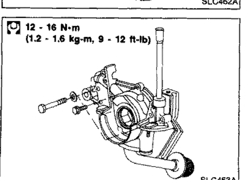Oil pump assembly removal/installation with tightening torque symbol noting 12-16 N·m (1.2-1.6 kg-m, 9-12 ft-lb).