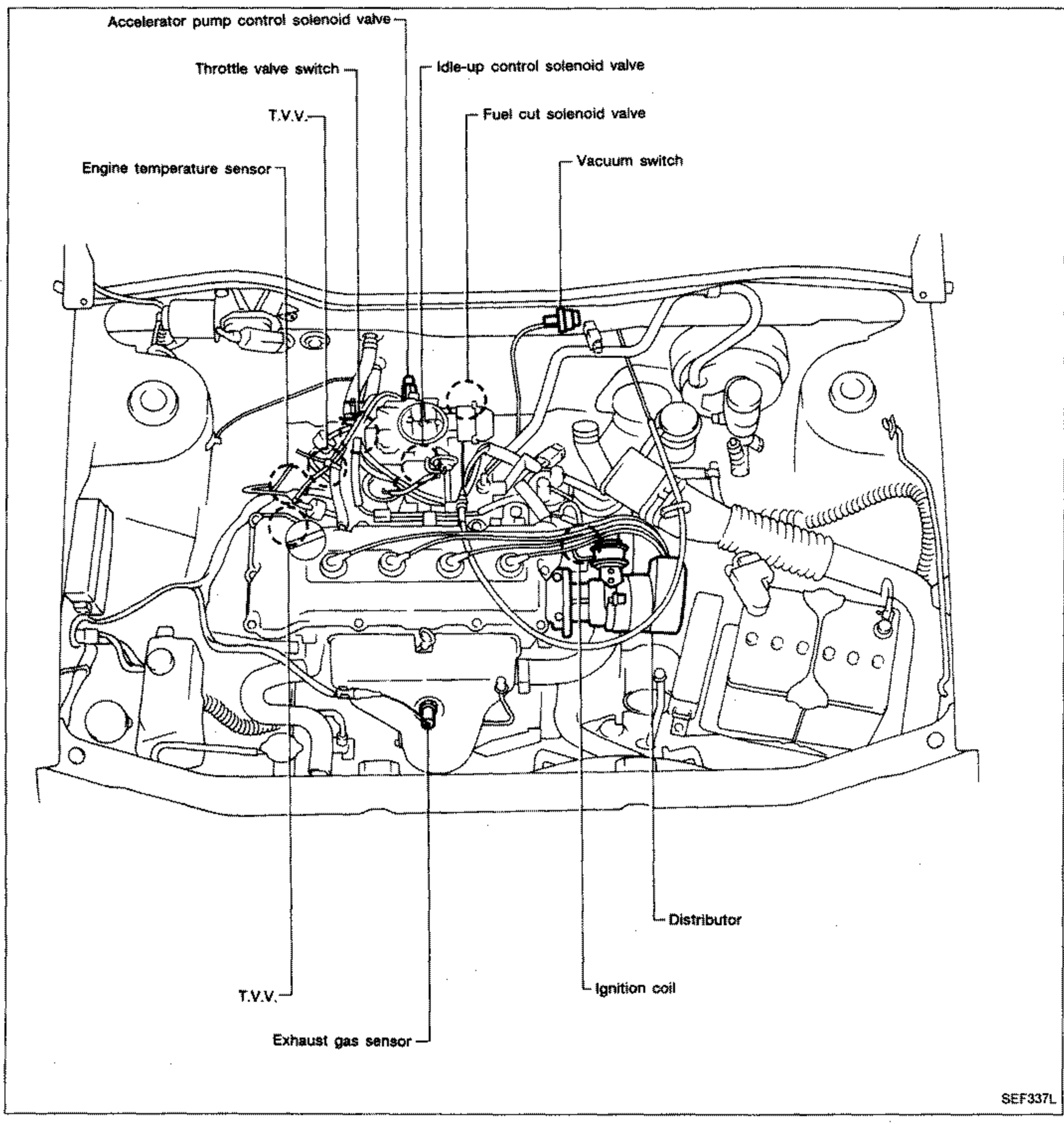 Engine-compartment view (front of vehicle) for GA14DS with catalyzer without E.G.R., showing component locations with callout lines. Top callouts: accelerator pump control solenoid valve, throttle valve switch, T.V.V., idle-up control solenoid valve, fuel cut solenoid valve, vacuum switch, engine temperature sensor. Bottom callouts: T.V.V., exhaust gas sensor, ignition coil, distributor.