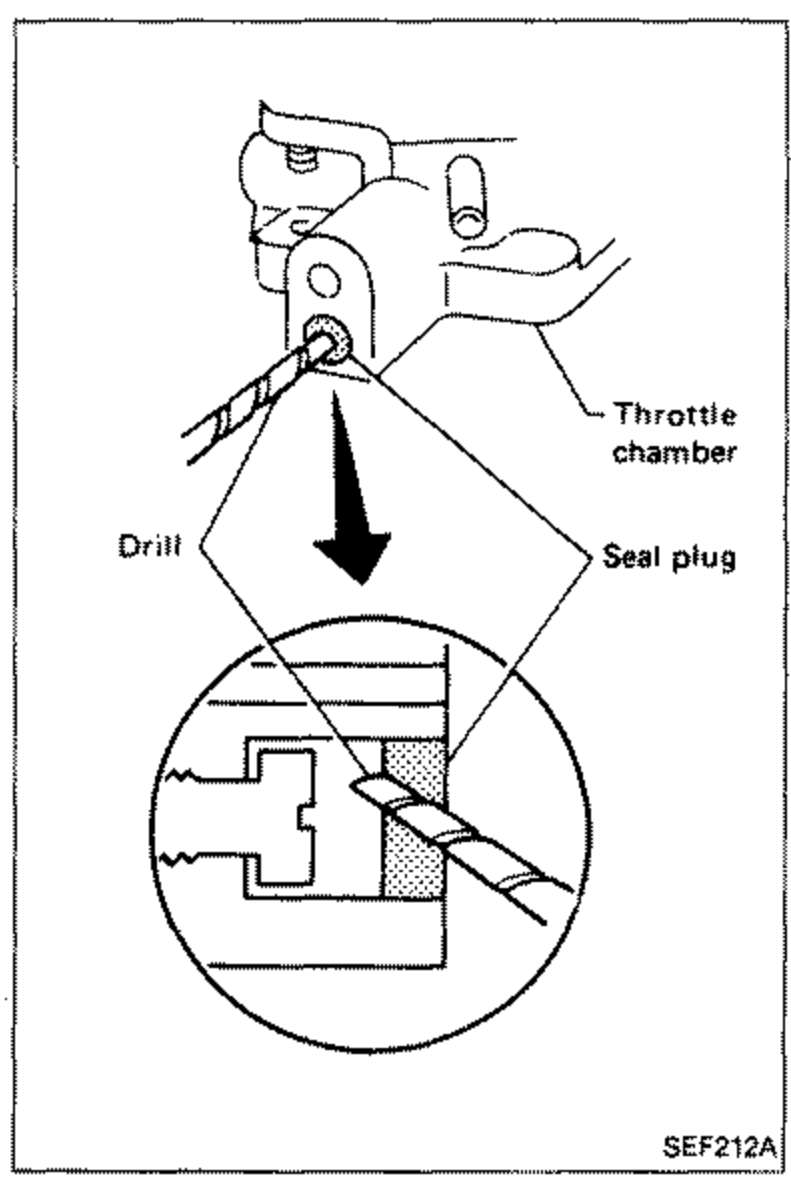 Diagram showing the throttle chamber with a drill removing the seal plug from the idle adjusting screw bore. A downward arrow indicates the drilling direction; labels: Throttle chamber, Seal plug, Drill.