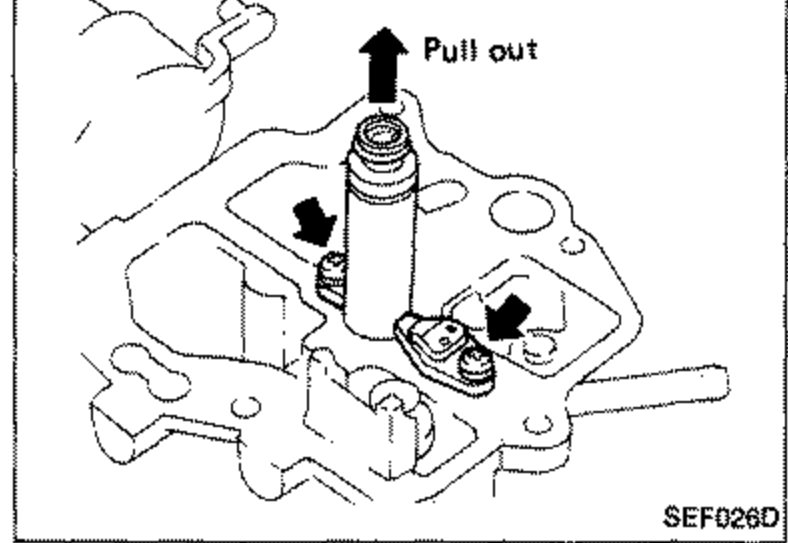 Close-up of choke chamber with an arrow labeled 'Pull out' indicating removal of the air-fuel ratio solenoid from the choke chamber, plus a downward arrow on a fastener.
