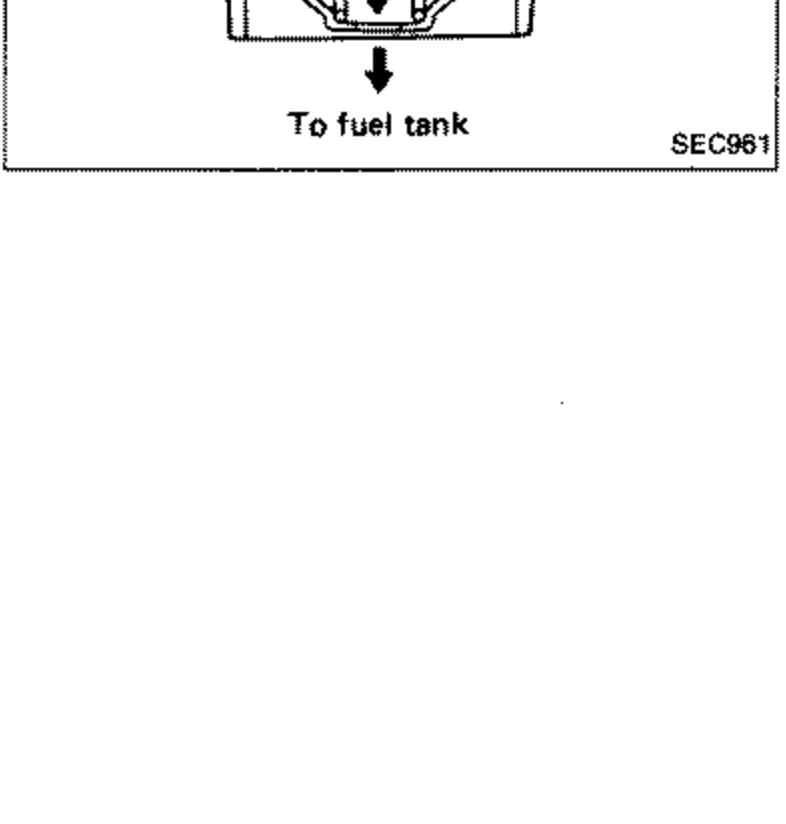 Cross-section of the fuel filler cap / fuel tank vacuum relief valve, with downward arrows showing air flow path 'To fuel tank' at the bottom. Illustrates the vacuum relief valve mechanism in the cap.