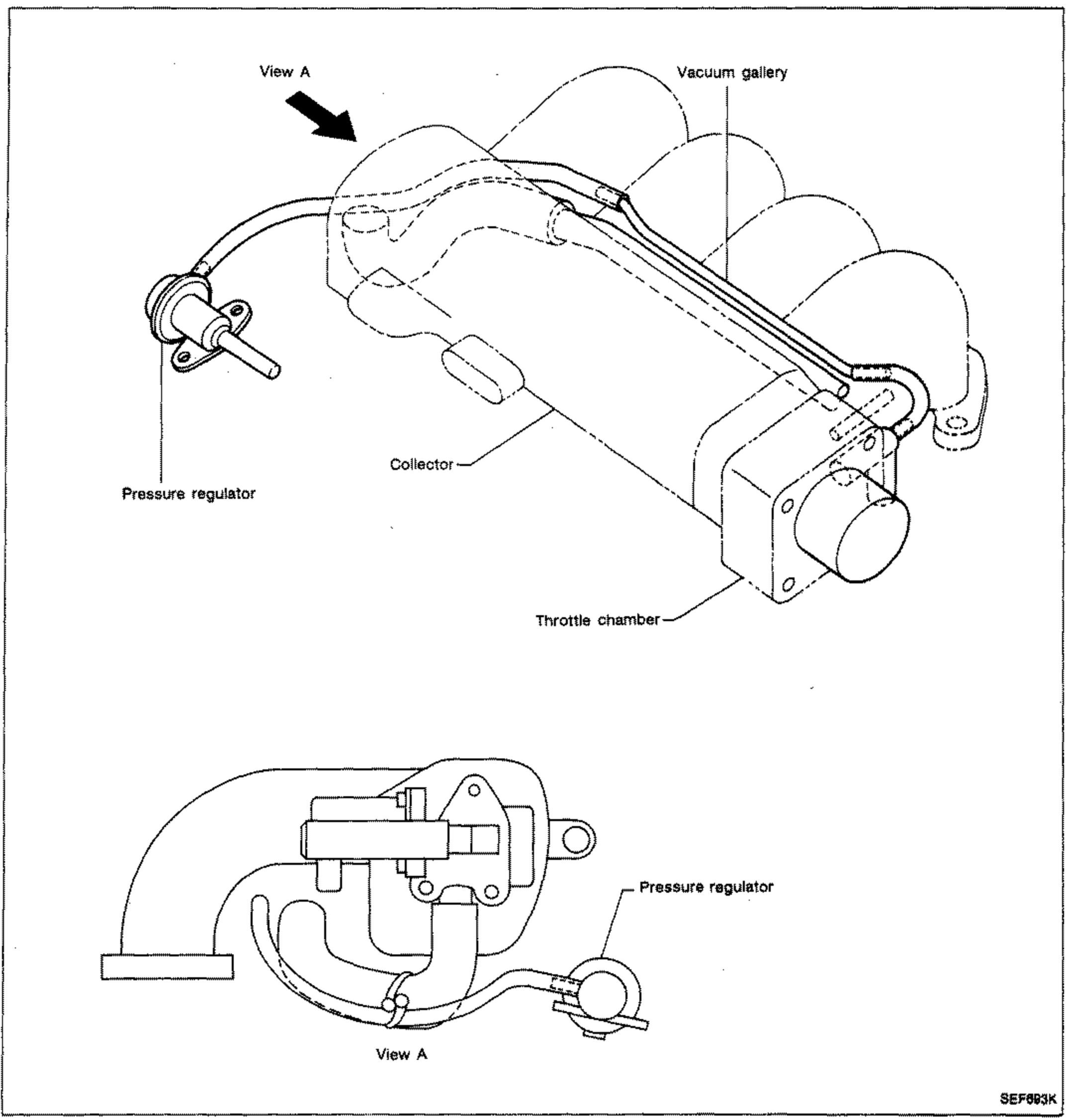 Vacuum hose routing drawing for the GA16DE intake manifold. The upper view shows the intake manifold collector with the throttle chamber at the right end, a vacuum gallery line running along the top of the manifold runners, and a pressure regulator at the left connected by a vacuum hose. A 'View A' arrow points to the throttle chamber/collector junction area. The lower 'View A' detail shows the throttle chamber elbow with vacuum hoses routed to the pressure regulator.