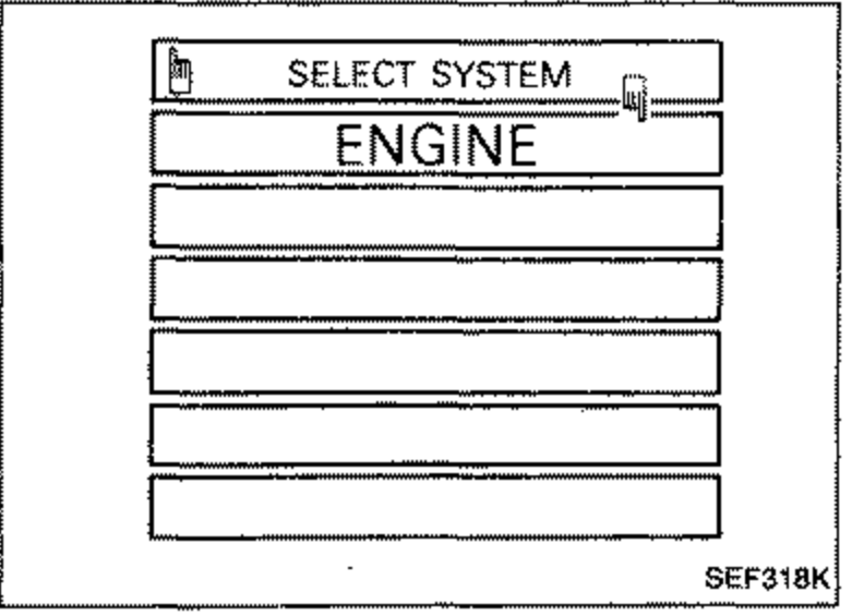 CONSULT tool screen for SELECT SYSTEM with ENGINE highlighted as the selectable option.