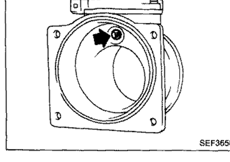 Air flow meter removed from air duct, viewed looking into the meter bore with the hot wire element visible. A solid arrow points to the hot wire to check for damage or dust.