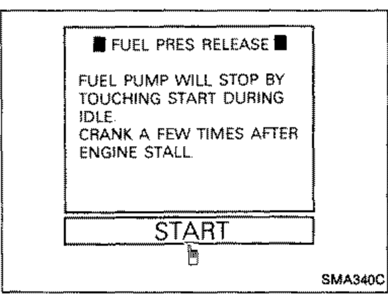 CONSULT display screen showing 'FUEL PRES RELEASE' with note text 'FUEL PUMP WILL STOP BY TOUCHING START DURING IDLE CRANK A FEW TIMES AFTER ENGINE STALL' and a 'START' button at the bottom.