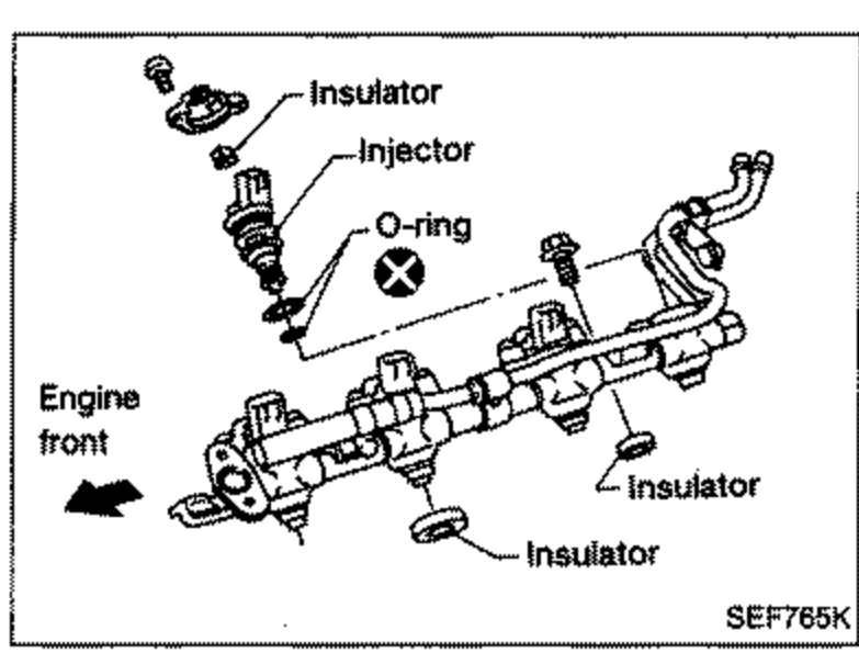 Exploded view of injector and fuel tube assembly showing 'Insulator', 'Injector', 'O-ring' (with a warning circle indicating do not damage/extract by pinching), and additional 'Insulator' parts. An arrow labeled 'Engine front' indicates orientation.