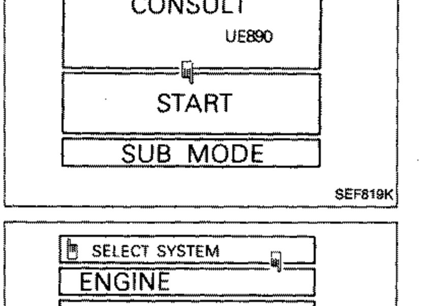 CONSULT screen showing the NISSAN CONSULT (UE890) home menu with START and SUB MODE buttons.