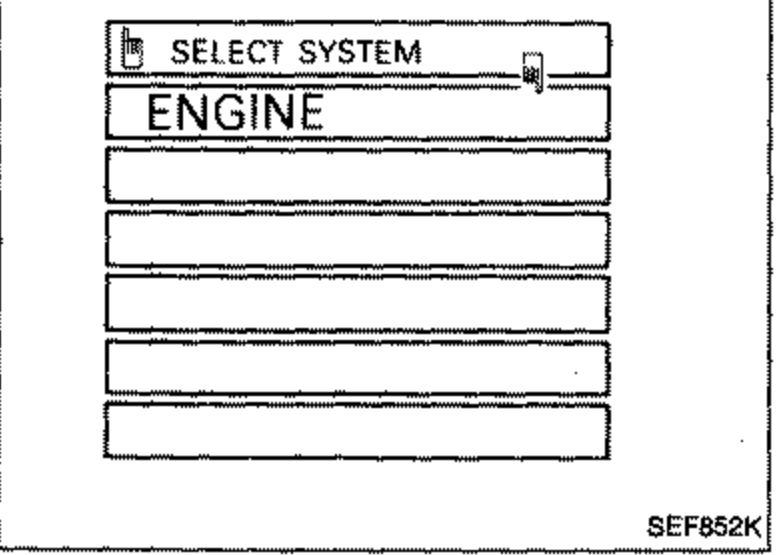 CONSULT SELECT SYSTEM screen with ENGINE selected at the top of a list of system options.