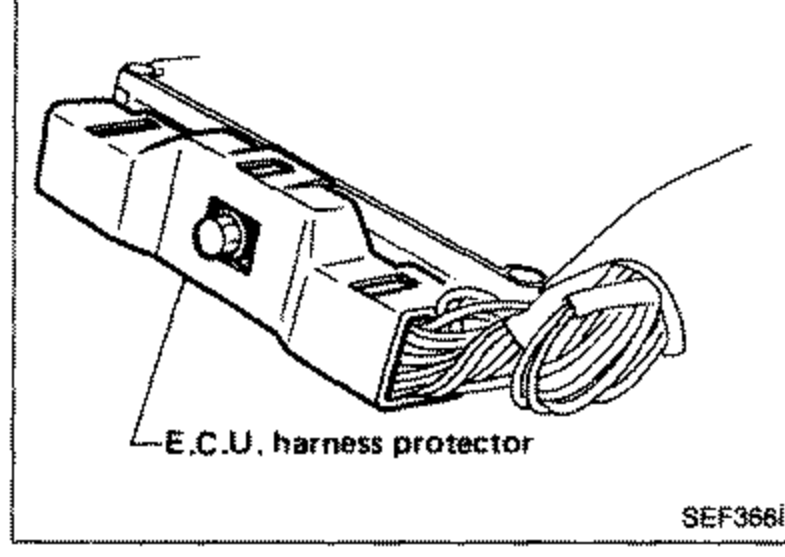 Illustration of the E.C.U. harness protector to be removed. A callout label points to "E.C.U. harness protector".