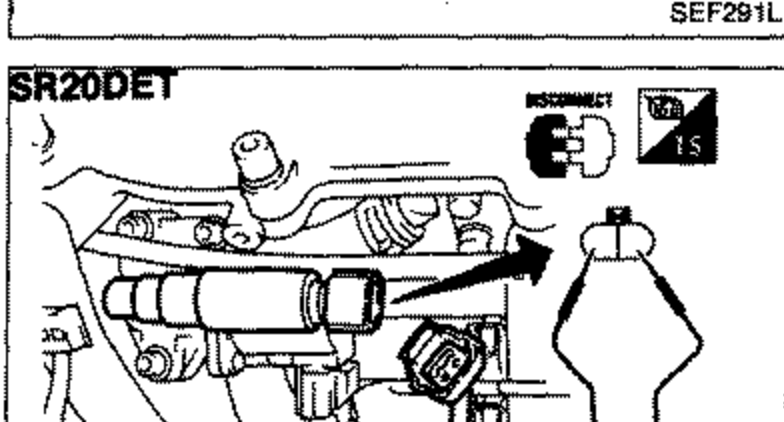SR20DE F.I.C.D. solenoid valve illustration. Harness connector disconnected (DISCONNECT symbol); a battery (BAT) applies 12V direct current to the solenoid valve terminals to check for a clicking sound.