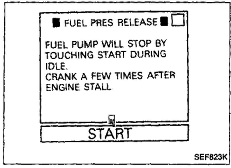 CONSULT screen capture for FUEL PRES RELEASE (fuel pressure release) work support mode. Text reads 'FUEL PUMP WILL STOP BY TOUCHING START DURING IDLE. CRANK A FEW TIMES AFTER ENGINE STALL' with a START button.