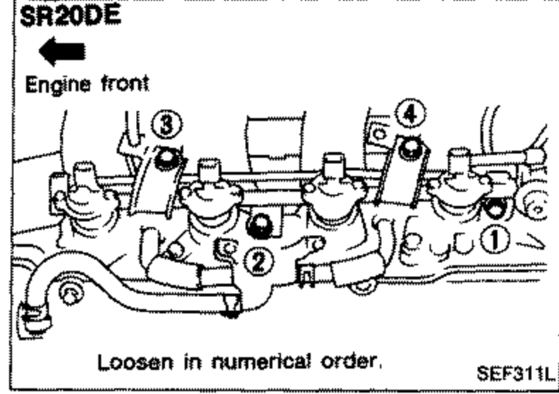 SR20DE injector removal showing fuel tube assembly with injectors numbered 1-4. Arrow indicates 'Engine front'. Note 'Loosen in numerical order.'