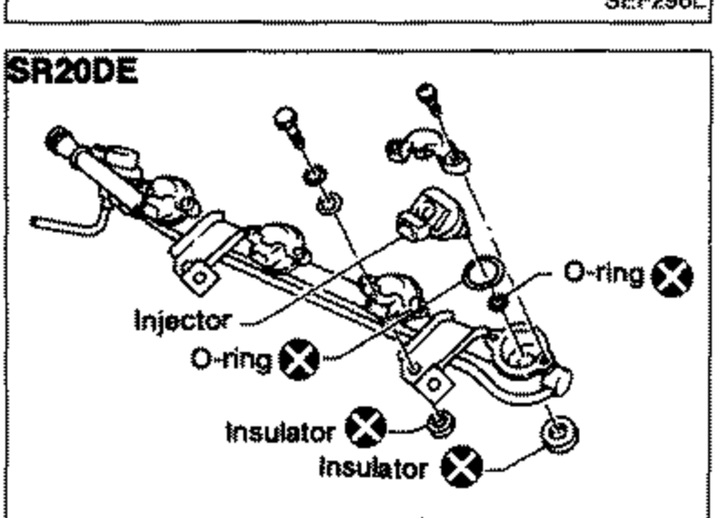 SR20DE exploded view of injector, fuel tube, O-rings and insulators. Labeled 'Injector', 'O-ring' (x2), 'Insulator' (x2) with replacement symbols.