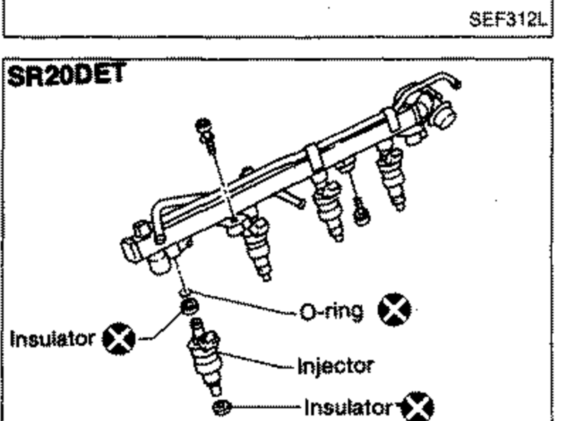 SR20DET exploded view of injectors on fuel tube. Labeled 'Insulator', 'O-ring', 'Injector', 'Insulator' with replacement symbols.