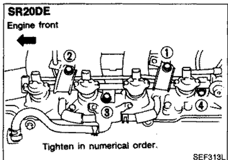 SR20DE engine showing fuel tube bolts numbered 1-4. Arrow indicates 'Engine front'. Note 'Tighten in numerical order.'