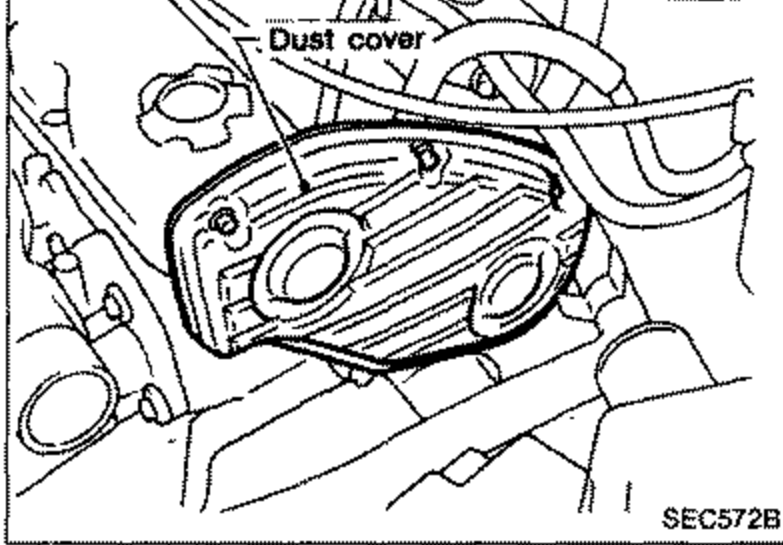 Engine view showing the injection pump timing belt dust cover with leader line.