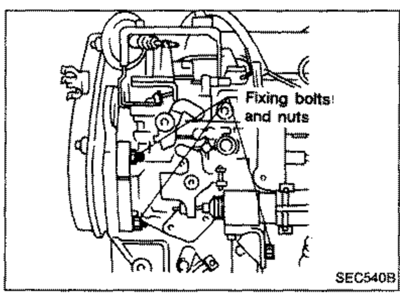 Injection pump assembly view showing the fixing bolts and nuts with leader line.