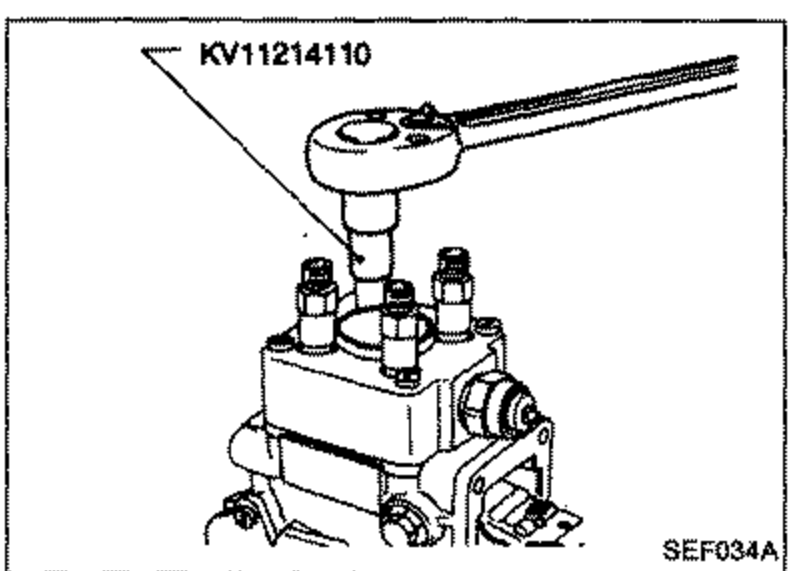 Tool KV11214110 fitted on the pump top to remove the delivery holder, spring, delivery valve and gasket.