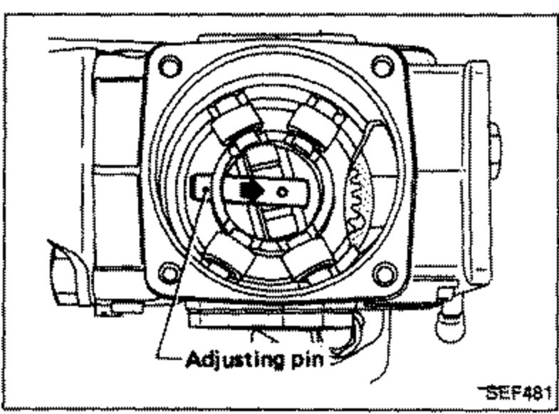 Top-down view of the roller holder showing the adjusting pin moved to the center, indicated by an arrow. Callout labels 'Adjusting pin'.