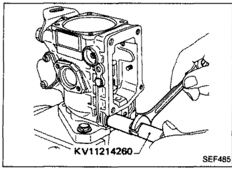 Regulating valve being removed from the pump body using special tool KV11214260 (a hooked tool) inserted from the right.