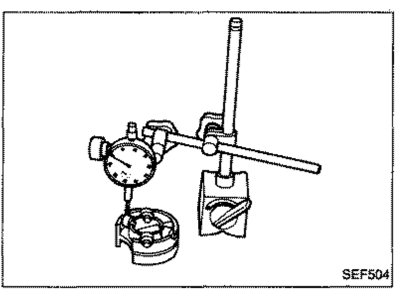 Inspection setup measuring roller height; the roller holder mounted on a fixture with a measuring instrument bridging across.