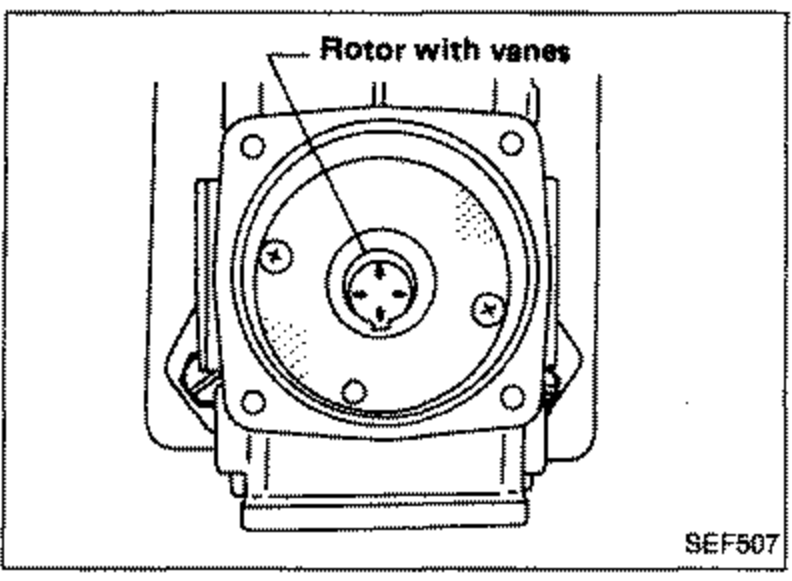 Top-down view of the rotor with vanes installed in the pump cover, four corner screws visible. Callout labels 'Rotor with vanes'.