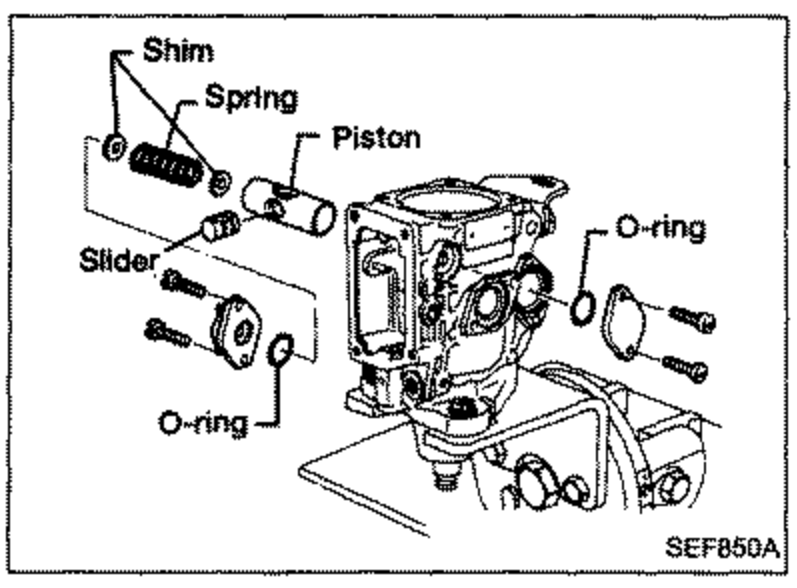 Exploded view of the timer assembly showing Shim, Spring, Piston, Slider, and O-rings being installed into the pump body.