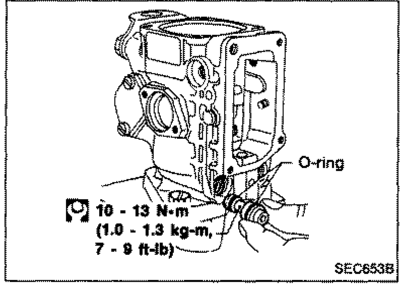 Regulating valve installation showing the pump body with an O-ring location. Torque callout: 10 - 13 N-m (1.0 - 1.3 kg-m, 7 - 9 ft-lb).