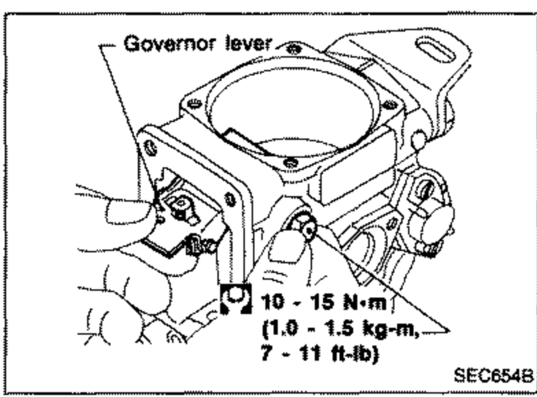 Governor lever installation. Torque callout: 10 - 15 N-m (1.0 - 1.5 kg-m, 7 - 11 ft-lb). Label: Governor lever.