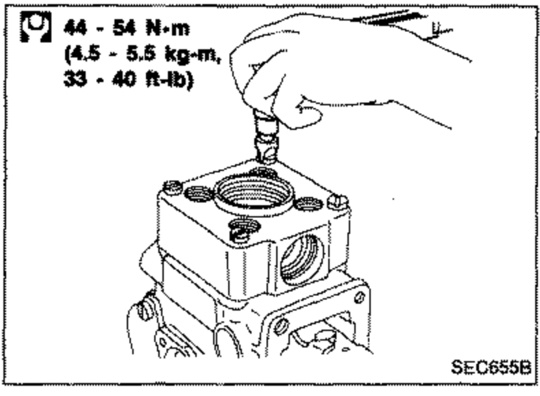 Tightening distributor head. Torque callout: 44 - 54 N-m (4.5 - 5.5 kg-m, 33 - 40 ft-lb).