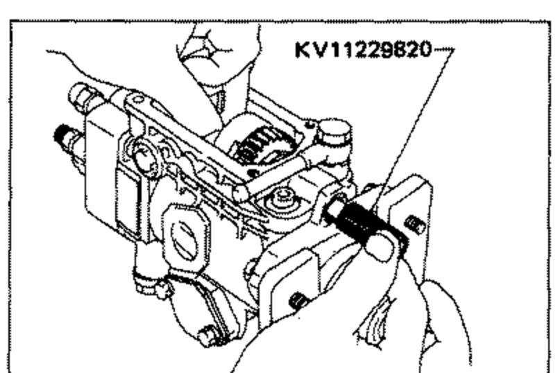 Tool KV11229820 and flyweight assembly being installed in place of the governor shaft on the injection pump. Callout label reads 'KV11229820' pointing to the tool.