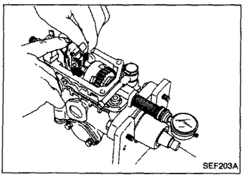 Tension lever pushed until it contacts stopper pin; governor sleeve returned until start lever contacts tension lever, with dial gauge mounted to read the value.