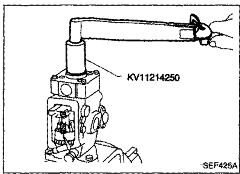 Installation of new plug with new O-ring and fuel cut solenoid valve, using tool KV11214250. Callout label reads 'KV11214250'.