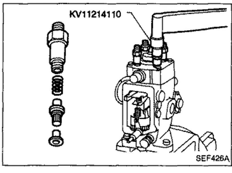 Installation of delivery valve using tool KV11214110, showing valve components stacked vertically alongside the pump. Callout label reads 'KV11214110'.