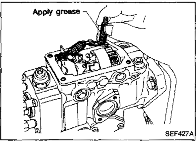 Installation of control lever shaft. A 'Apply grease' label with arrow points to the lever shaft end where grease is applied.