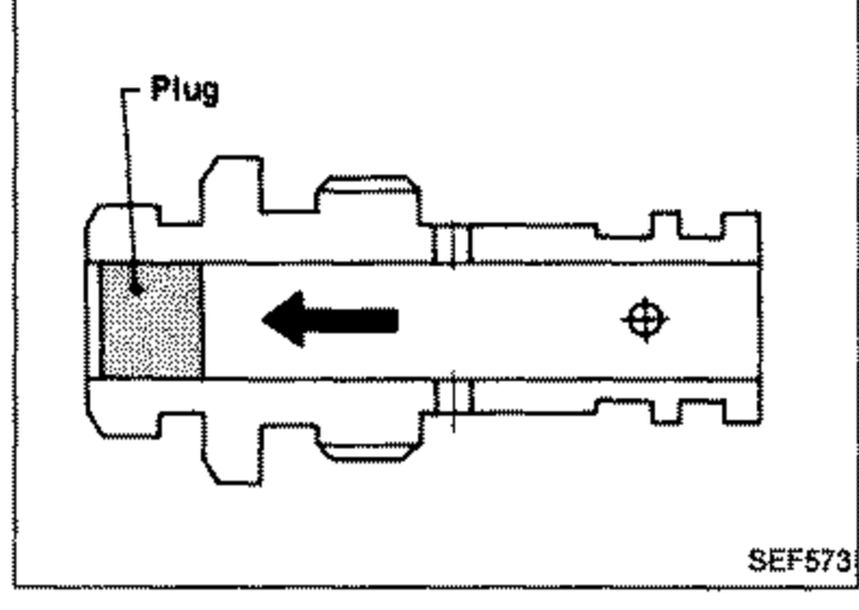 Cross-section illustration of the regulating valve showing the plug being driven out with an arrow indicating the direction. Label 'Plug' points to the plug at the left end of the valve.