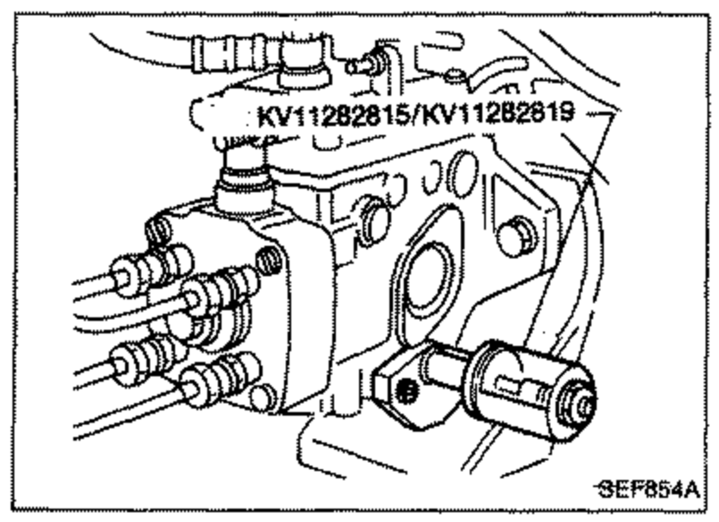 Illustration of the speed timer with Tool KV11282815/KV11282819 attached to one side of the injection pump timer cover.